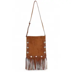 Metal Studs Fringe Faux Suede Crossbody Bag