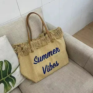 Embroidered Tote Bag with Tassel Detail – Large Capacity Women’s Beach Shoulder Handbag, Casual Style, Fixed Strap, Perfect for Summer Outings, Travel Tote Bag | Embroidered Lettering | Elegance, Beach Bag