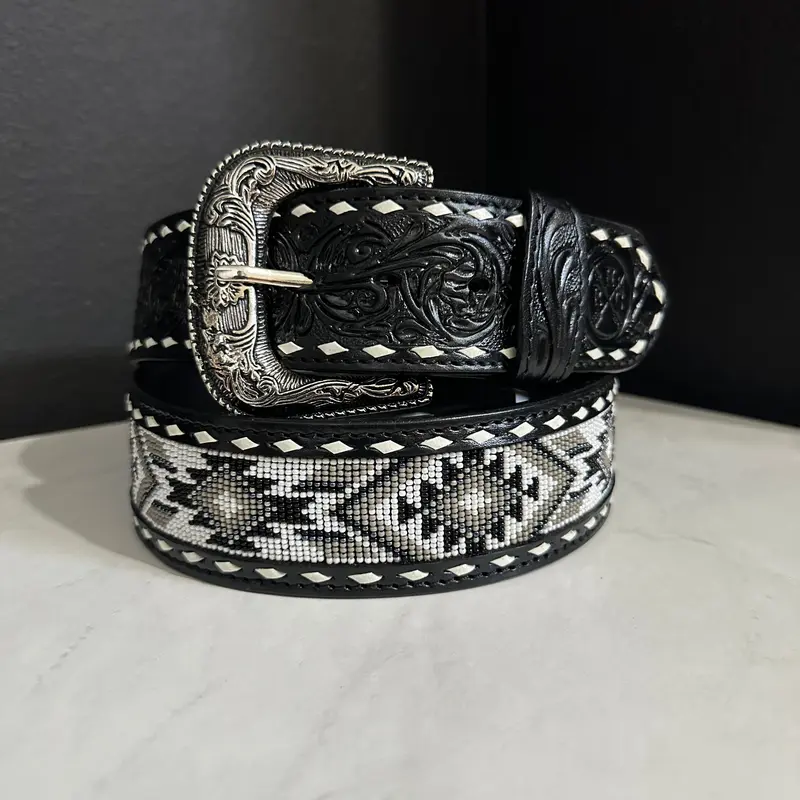 Beaded Aztec Leather Belt RHC-2037 - 2” Beaded Design, High-Cut Style, Durable and Versatile Accessory for Men