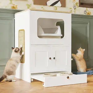 FUFU&GAGA Multi-Functional Cat Litter Box Enclosure with Storage Cabinet, Hidden Cat House with Scratching Pad & Feeding Drawer