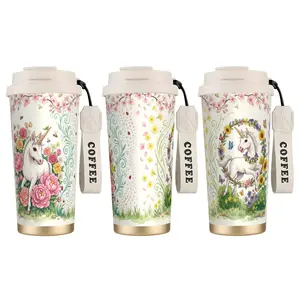 1pc Magical Unicorn Coffee Cup, Dreamy Flower & Cherry Blossom Cartoon, Cute Fun 18OZ Thermos Cup, Thermos Cold Water Cup, Suitable for Hot And Cold Beverages, Suitable for Women & Girls, Office, Home, Outdoor, Valentine's Day Gifts, Thermal, Flasks
