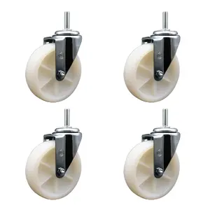 Nylon Swivel Threaded Stem Caster Set of 4 w/5" x 1.25" White Wheels and 3/4" Stems - Includes 4 Swivel - 1200 lbs Total Capacity - Service Caster Brand