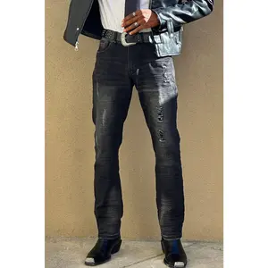 Rugged Jeans - Light Wash Polyester Spandex Cotton - Ripped Stretchy - Machine Washable - Original Style Fabric Distressed Menswear Red Denim Beige