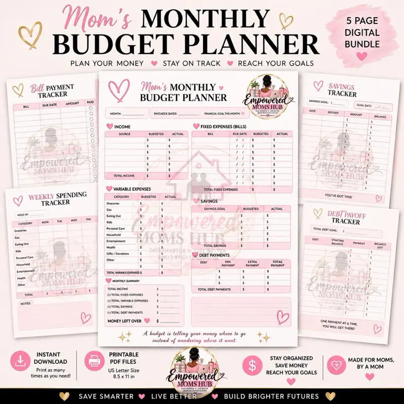 Mom Budget Planner Printable | Monthly Budget, Bill, Savings, Spending & Debt Tracker | 5-Page Digital Download