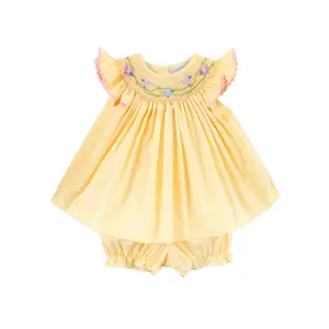 Yellow Check Bird Smocked Bloomer Set