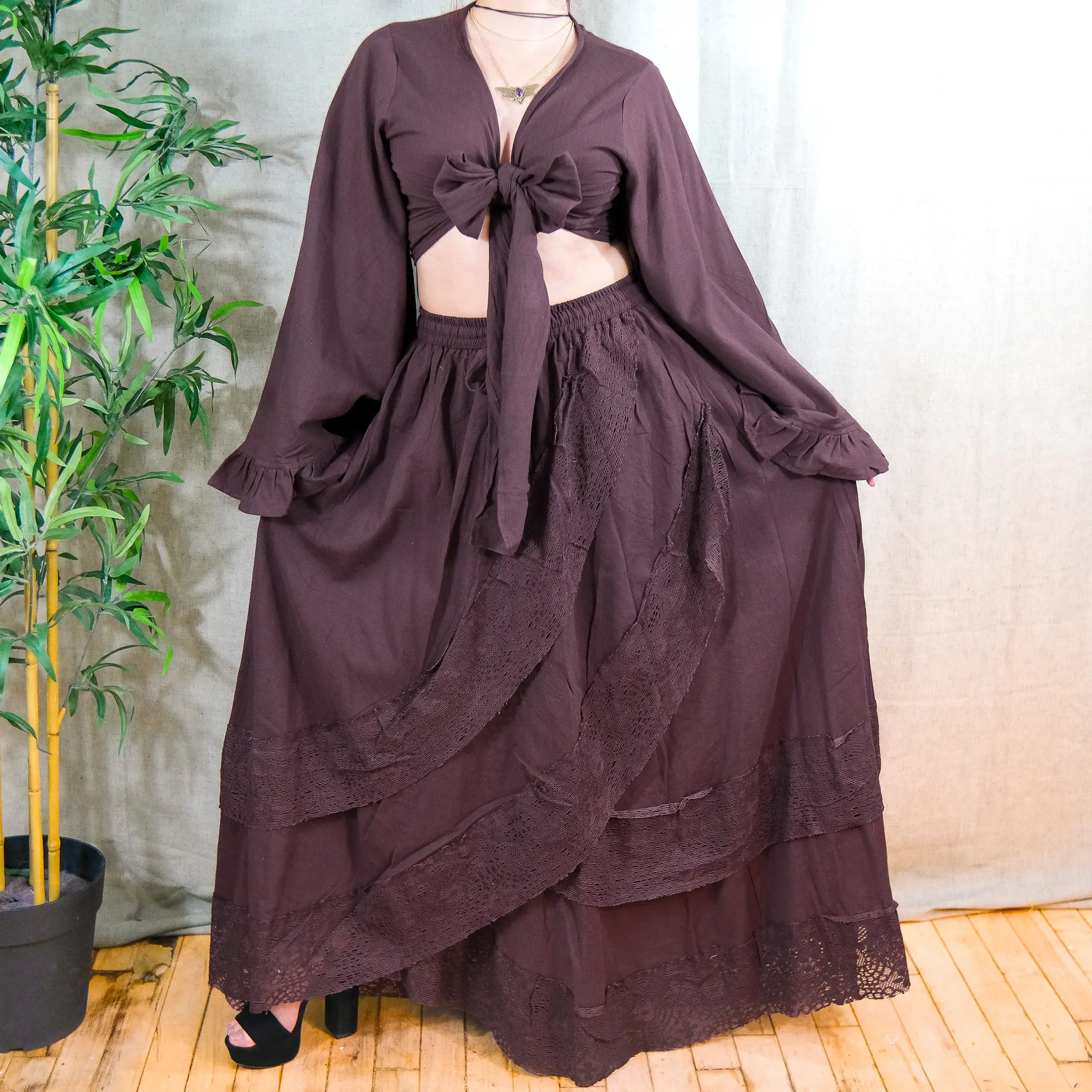 Cotton Flowy Maxi Skirt and Wrap Top Set , Boho Lace Skirt, Flutter Skirt with Pocket, Bohemian Whimsical Outfit, Fairy Goddess Skirt, Slit Style, Elastic Waist , Summer Skirt, Hand Embroidered Tiered Skirt