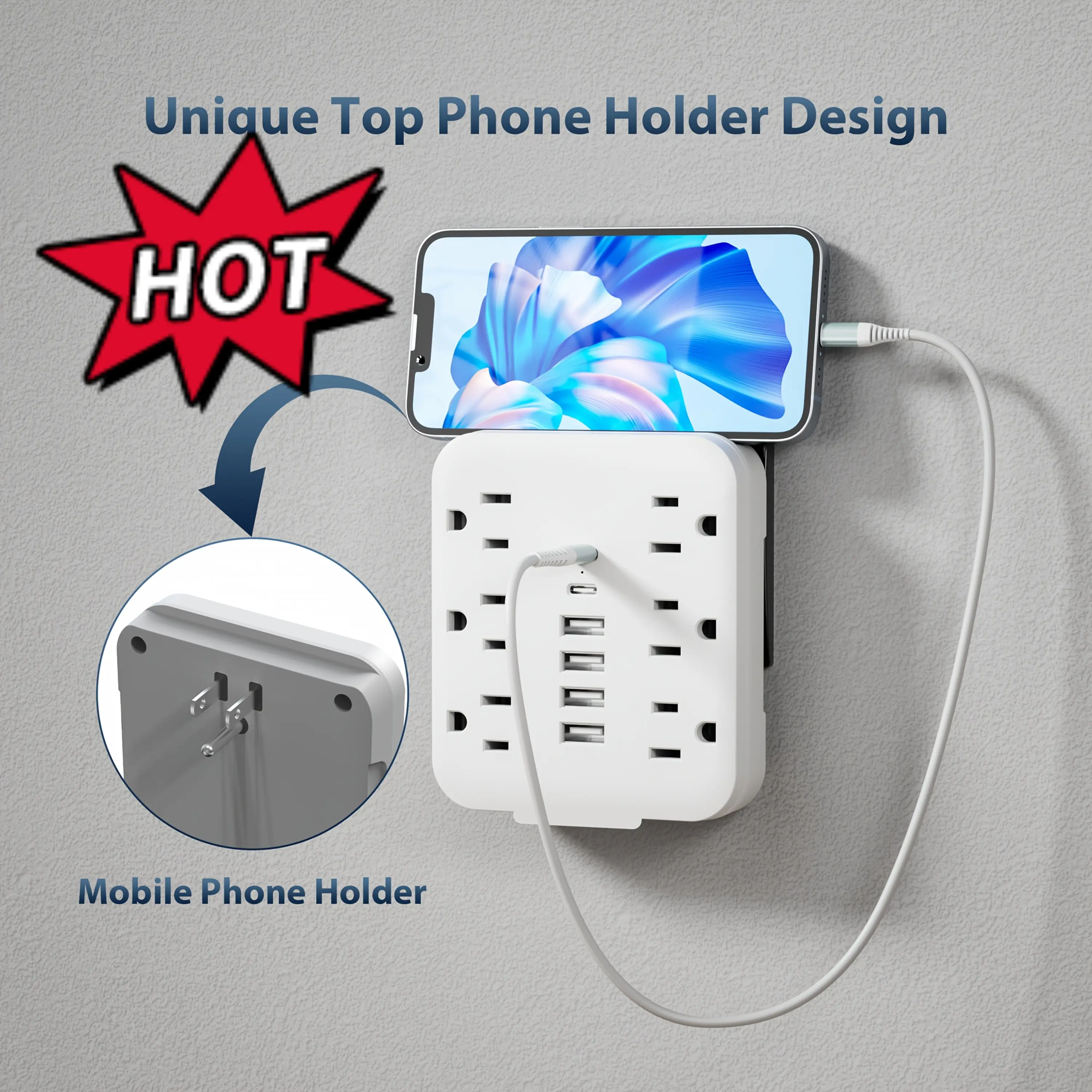 12-in-1 Compact Universal Socket Mini Power Adapter - 6 AC Outlets, 4 USB Ports, 2 Type-C Ports, Rugged Housing Portable Power Strip for Parents, Remote Workers, Multi-Device Use at Home, Travel
