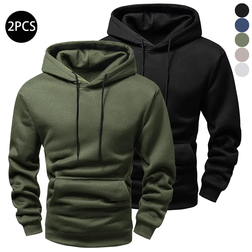 Men's 2-Pack Essential Fitted Pullover Hoodies - Plain Long-Sleeve Polyester Activewear, Athletic Workout Clothing for Casual Wear & Training, Athleisure Wear, Sporty Chic Menswear