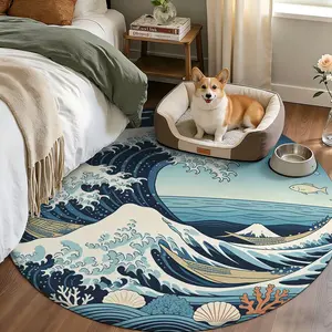 1 piece of size optional circular felt+washed floor mat, Japanese ukiyo-e style wave and beach element printed machine washable household floor mat, suitable for doorways, dining rooms, living rooms, bedrooms, and home decoration