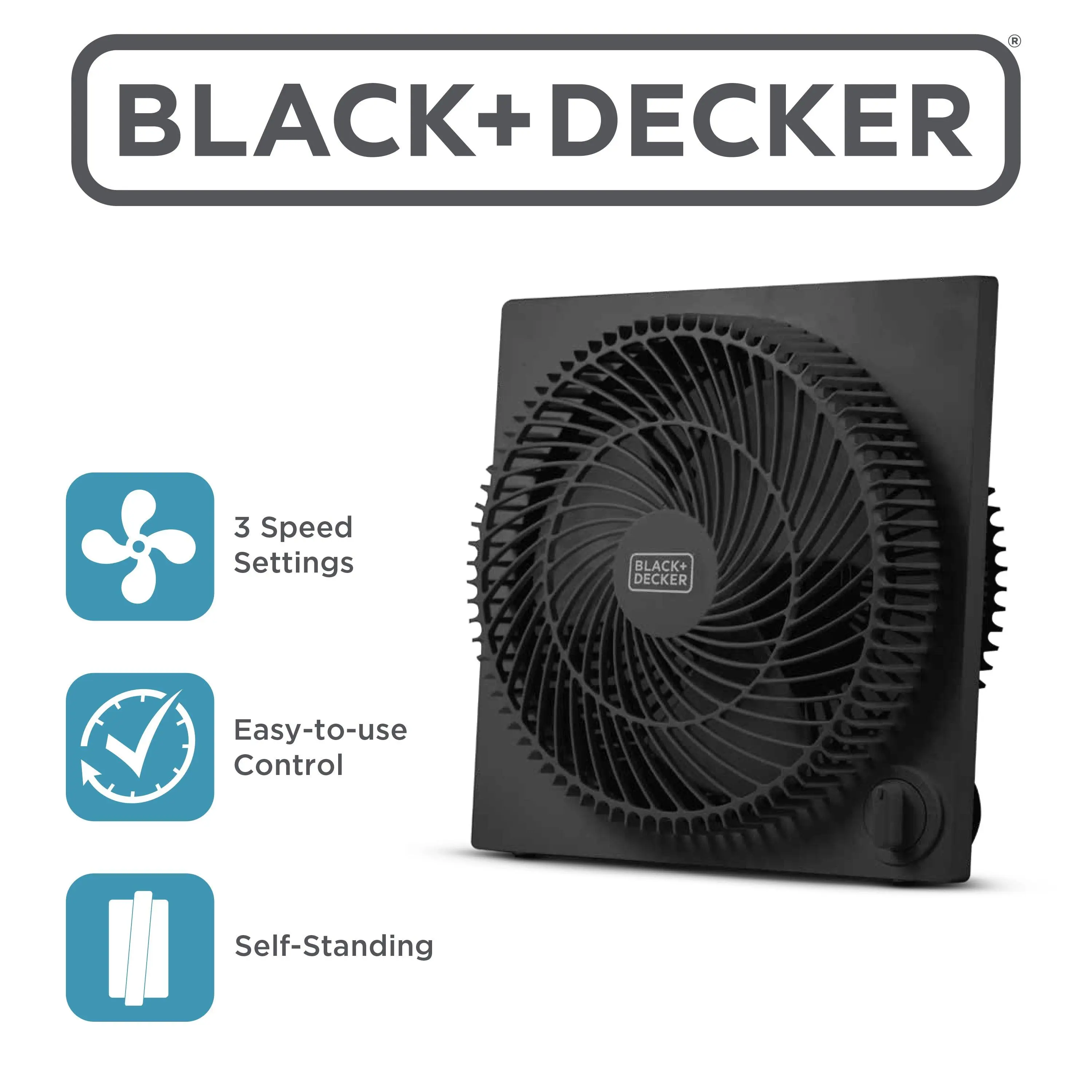 BLACK+DECKER 9-Inch Frameless Box Fan - Freestanding Compact Mini Cooling Desk Fan with 3 Adjustable Wind Speed Settings, Quiet Lightweight Portable for Home Office, Garage, Model BFB09B, Black, Desk Fans