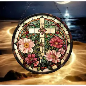 Stained glass acrylic suncatcher cross with flower design, Cross #17.