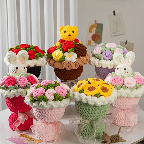 Handmade Crochet Flower Bouquet with Cute Bunny & Bear - Everlasting Yarn Flowers, Perfect for Valentine’s, Mother’s Day, Birthday, Home Decor
