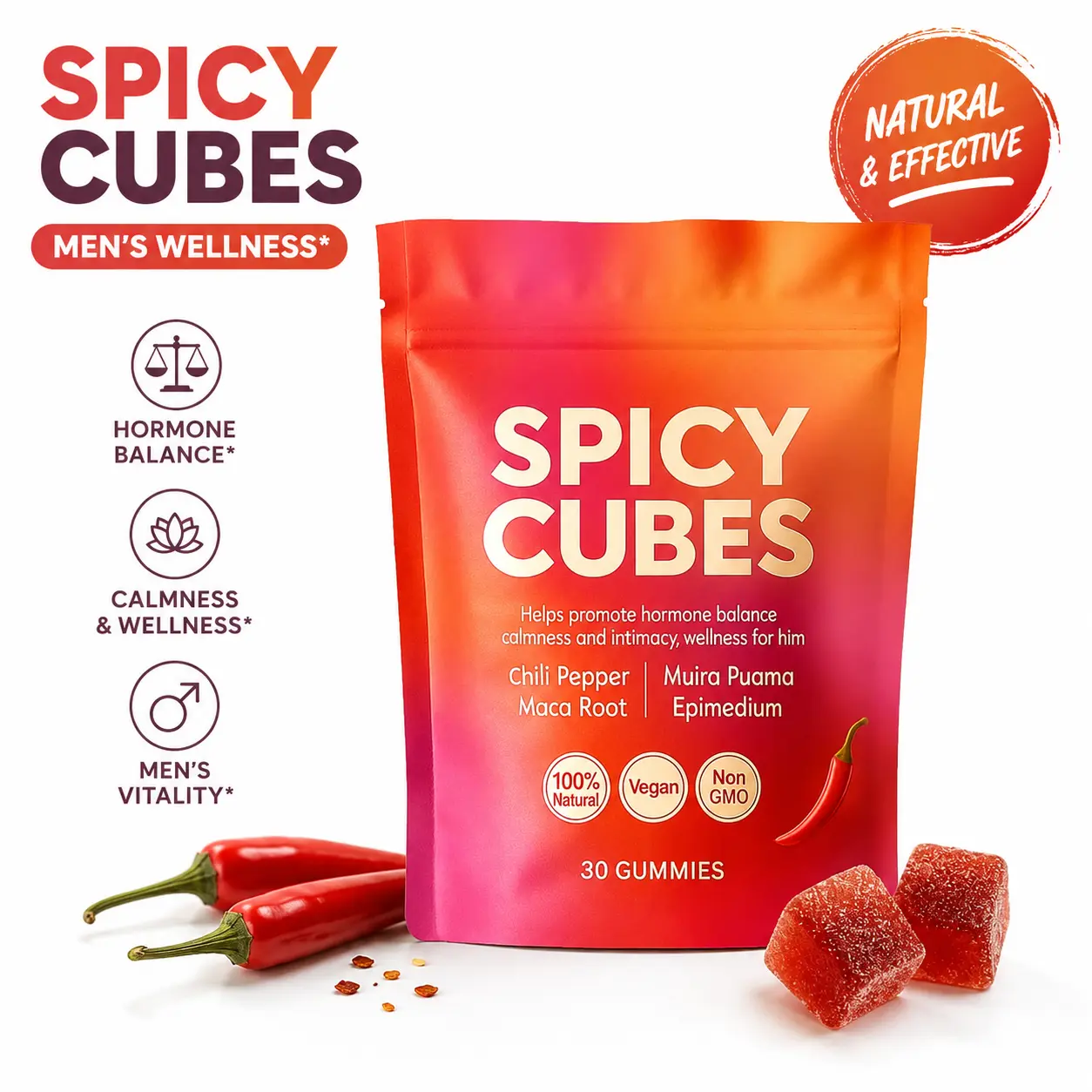 Dietary Hot Peach Spicy Wellness Gummies Candy - 30 Sweet Peach Cubes, Botanical Blend with L-Theanine, Green Tea Caffeine, Maca, Ginger, Muira Puama, Energy Boost Wellness Snack Supplement