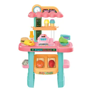 My Market Stand Kid's Grocery Store Playset 33 Pieces with LED Lights Sound Effects Functional Scale & Interactive Cash Register for Imaginative Role Play