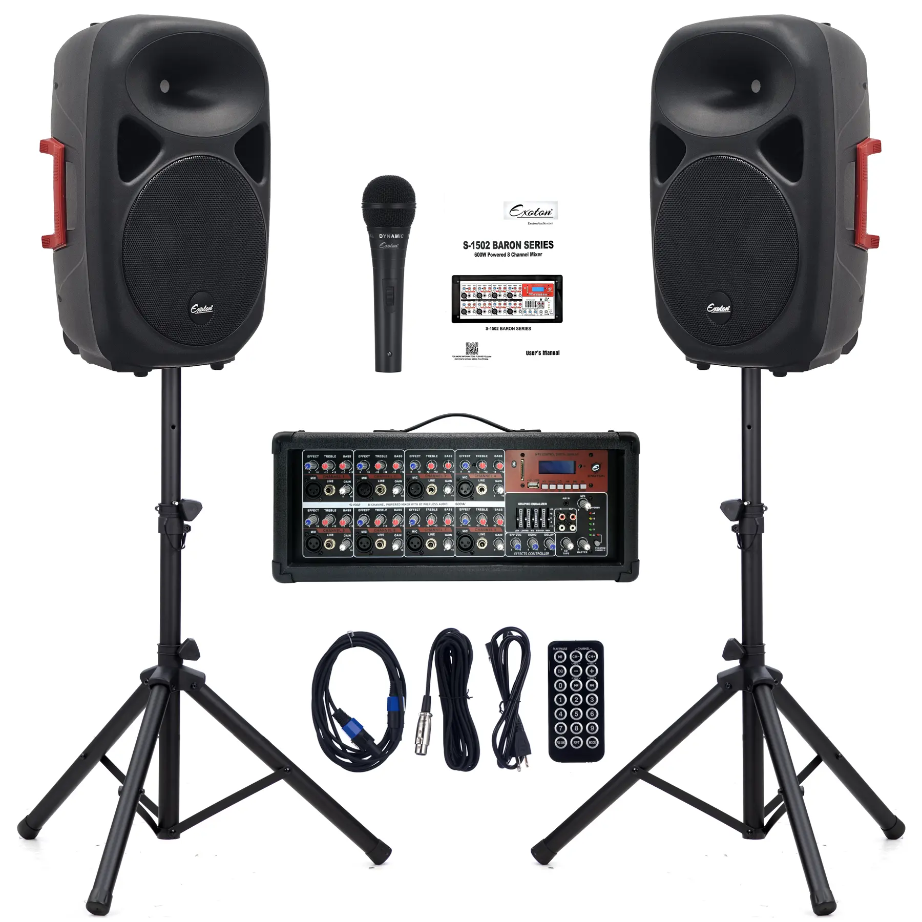EXOTON S-1502 15inch 2000W Bluetooth PA System with Powered Mixer Set, Passive Speakers with 8 Channel Mixer/Stands/Mic/Effect Controller/ 48V Phantom Power,for Indoor&Outdoor
