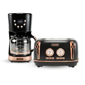 Haden Dorset 4 Slice Wide Slot Toaster & 12 Cup Coffee Maker, Black & Copper