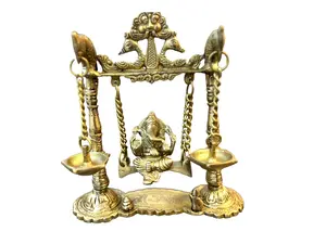 Beautiful Antique Brass Lord Ganesha Idol or Statue on Swing Jhula with Hanging Diya’s On Sides for Mandir , Home Décor , Indian Festive Décor Indian Decor & Gift