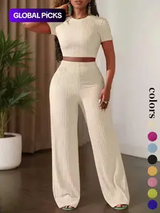 Women's Casual Basic Short Sleeve Top & Wide Leg High Waist Pants Set, Womenswear, Pure Color Summer, Comfortable Daily Wear, Stylish Fashion Ensemble