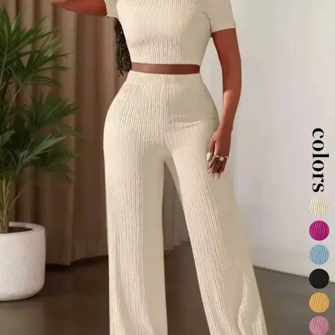 Women's Casual Basic Short Sleeve Top & Wide Leg High Waist Pants Set, Womenswear, Plain Pants Set, Pure Color Summer, Comfortable Daily Wear, Stylish Fashion Ensemble