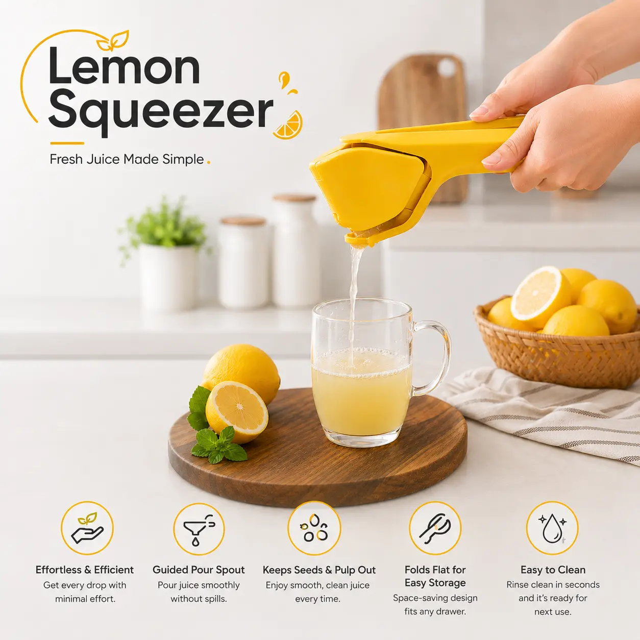 Foldable Lemon Squeezer, Handheld Citrus Juicer with Guided Pour Spout and Seed Filter, Easy-Press Manual Juice Extractor for Lemons, Limes, Oranges and Grapefruit, Compact Kitchen Tool