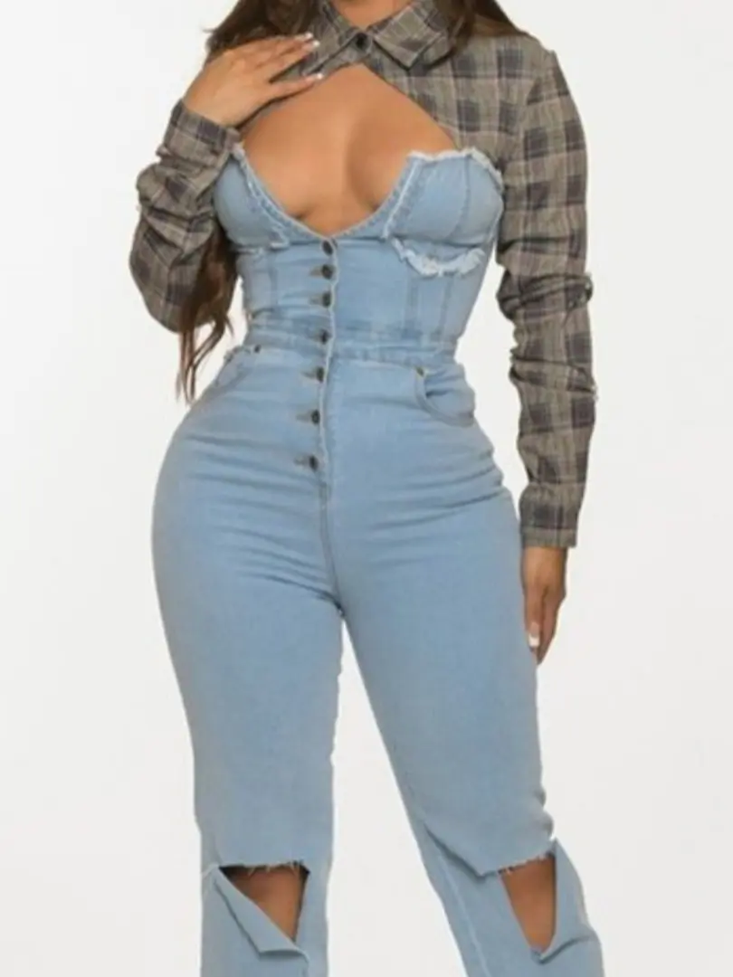Plaid and Denim Jumpsuit Plaid and Denim Jumpsuit