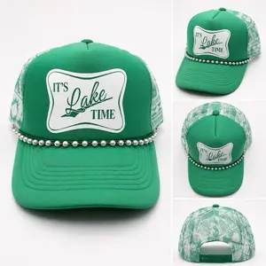 It's Lake Time Trucker Hat for Men and Women - Trendy Summer Snapback with Distressed Design and Colorful Beads