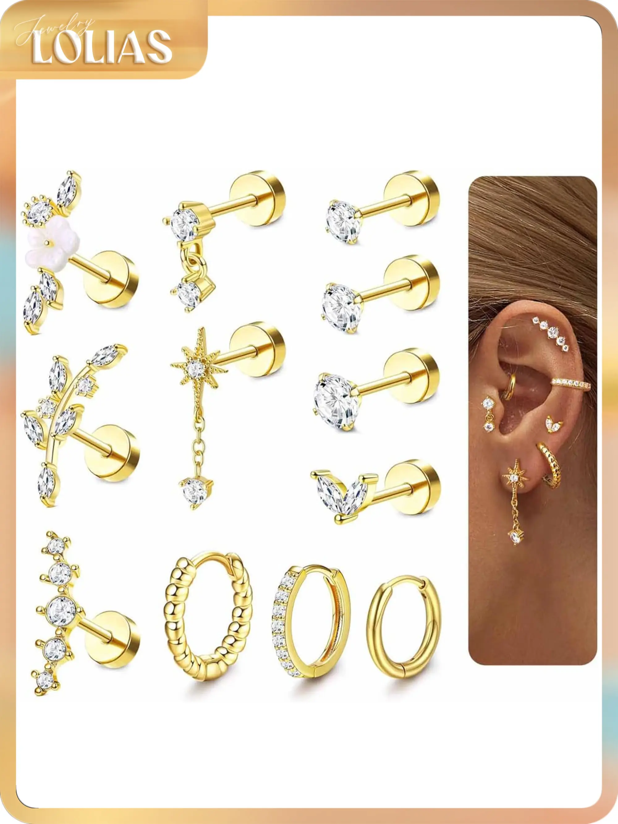 LOLIAS 12Pcs 16G Cartilage Earrings for Women, Hypoallergenic Surgical Steel Set with CZ Studs, Hoops & Flat Backs - Non Tarnish Jewelry for Tragus, Helix, Conch Piercing, Conch Piercing Ear, Bling Effect