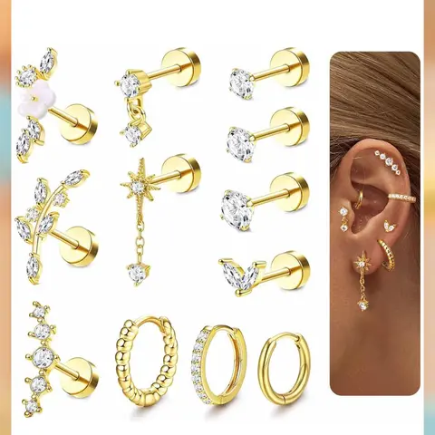 LOLIAS Women's 12Pcs 16G 316L Stainless Steel Cartilage Earrings Set - Hypoallergenic, CZ Studs, Hoops, Screw Back Design, Silver Plating Keeps Shine Lasting, Metal Coating, Non-Tarnish Earring Stack for Tragus, Helix