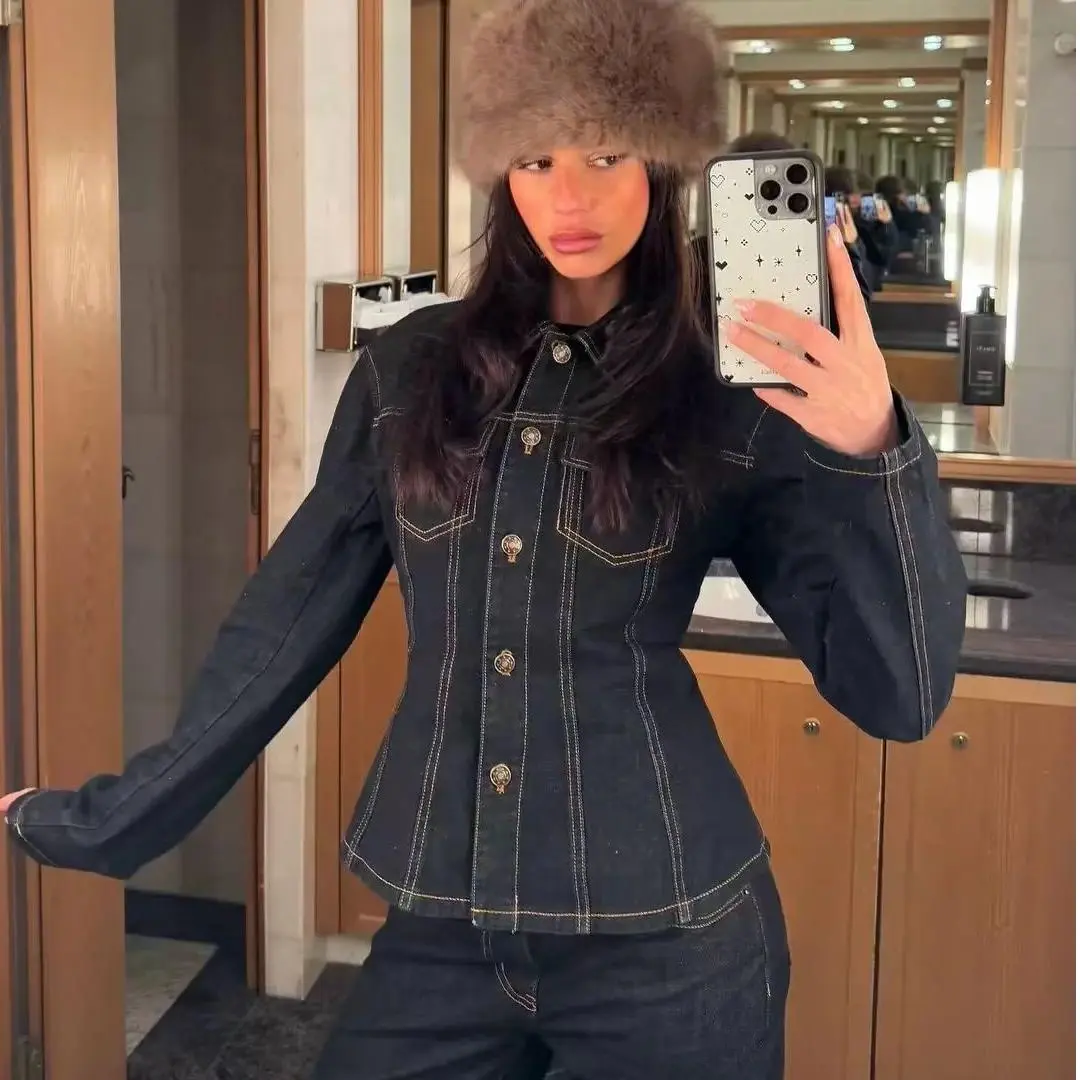 Fitted Hourglass Cinch Waist Dark Denim Cropped JacketY2K Retro Coquette Viral Must-Have Staple