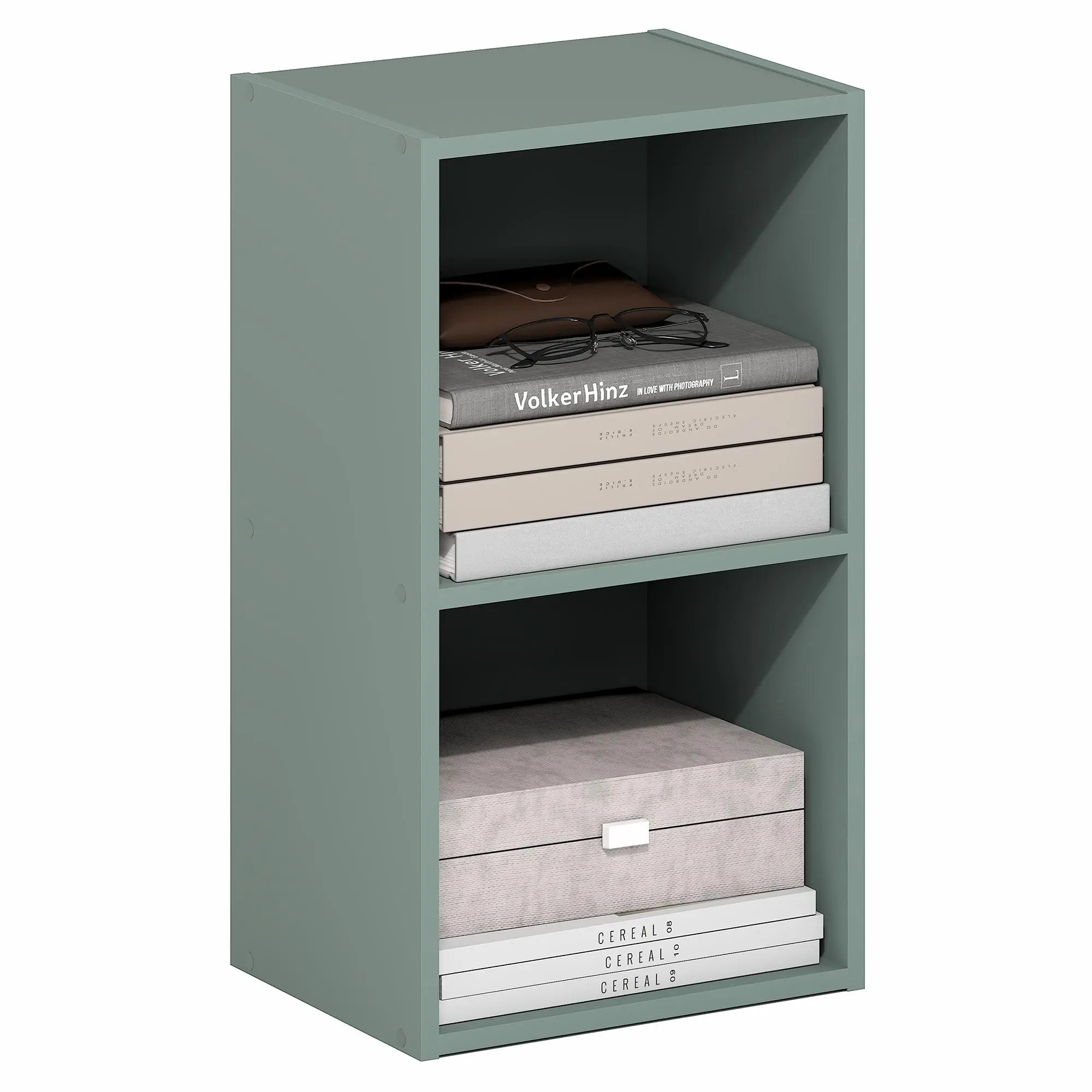 Sage Green 2-Tier Contemporary Composite Wood Open Bookshelf - Minimalist Decluttering Vertical Slim Storage Rack with Rigid Frame, 9.0d x12.0w x21.0h in, Clean Aesthetic Home Library Organizer for Home Office, Dorm Room Ideas Setup Inspo, Open Shelving