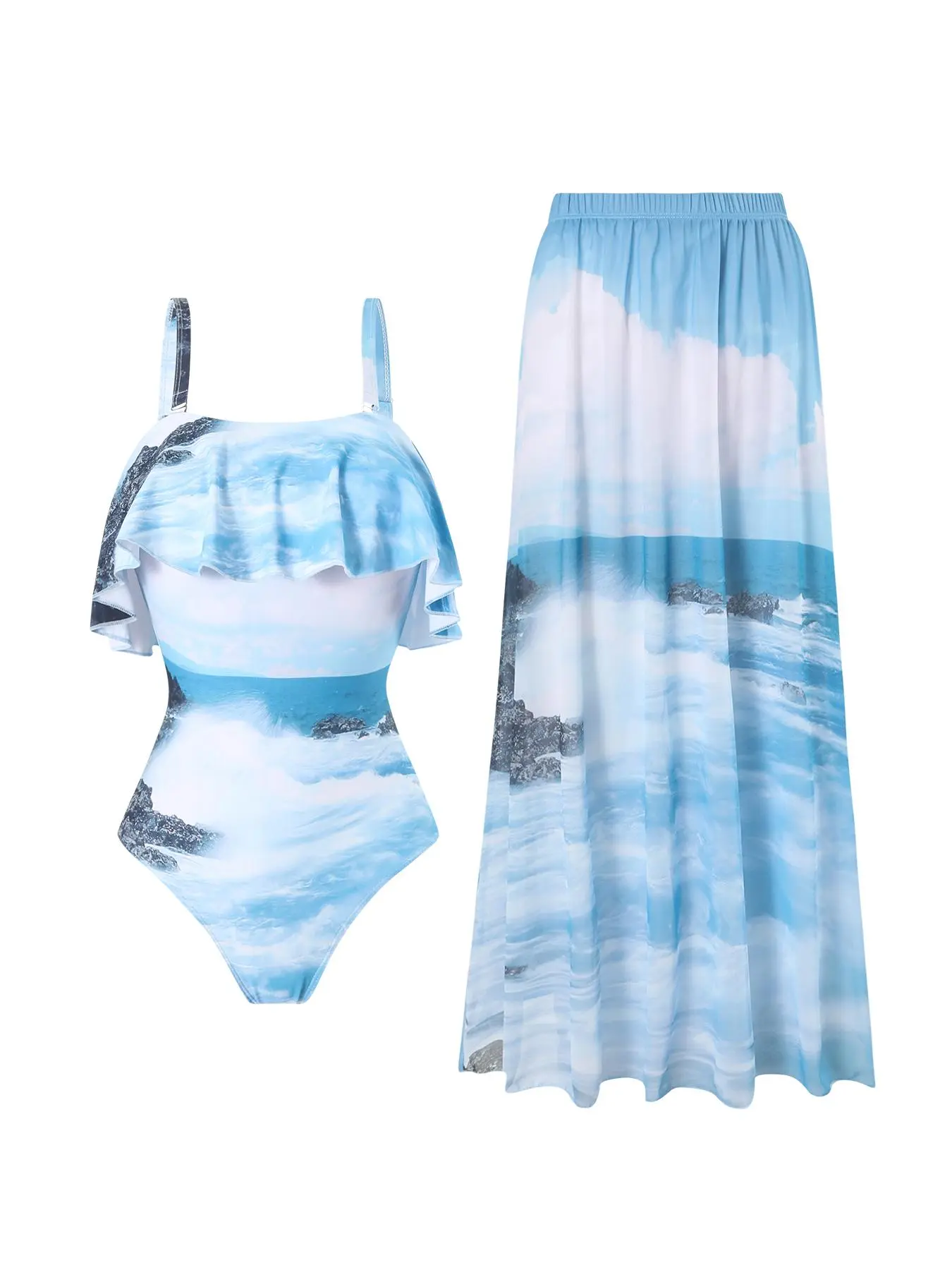 Women's All Over Print Swimsuit Set, Ruffle Hem Swimsuit, Ruffled Bathing Suit, Swimsuit with Skirt, Skirted Swimsuit, Casual Fashion Chic Swim One-pieces & Swim Skirt Two-piece Swimsuit for Beach Holiday Vacation, Ladies Swimwear for All Seasons