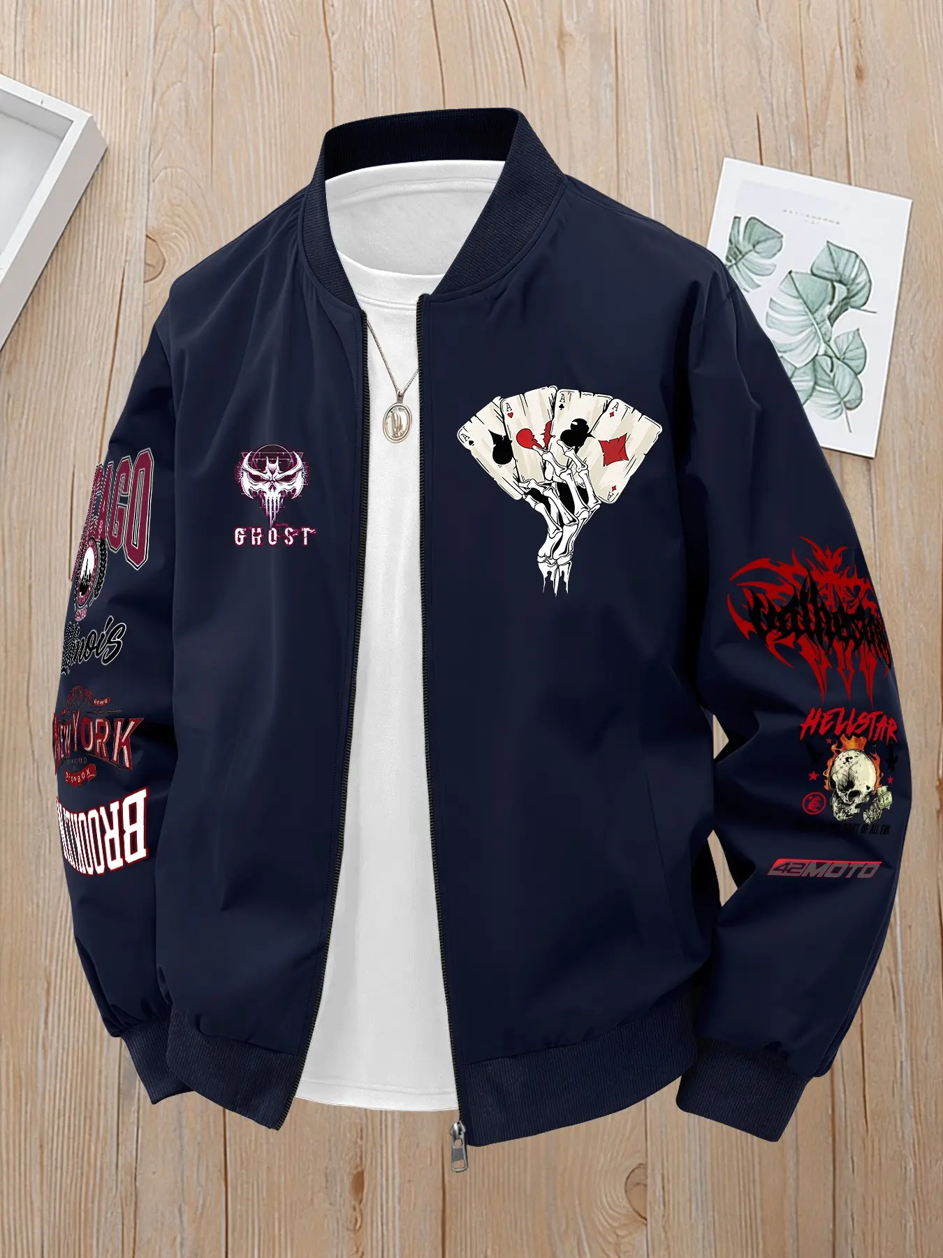 Ghost Face Logo City Landmark Letter Patch Street Style Streetwear Baseball Jacket, Commuter Top, Long Sleeve Loose Fit Casual Outerwear for All Seasons