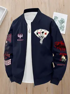 Ghost Face Logo City Landmark Letter Patch Street Style Baseball Jacket, Commuter Top, Long Sleeve Loose Fit Outerwear for All Seasons