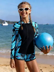Girls' Two-Piece Swimsuit Set, Plant Print Long Sleeve Front Zip Top & Shorts, Medium-Large Size Girls' Spa Swimwear