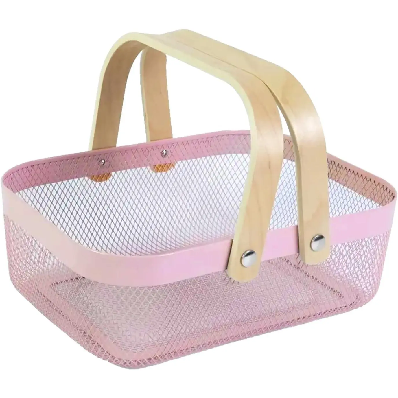 Metal Mesh Steel Basket, Storage Organizer Basket Garden Harvest Basket Multi-functional Kitchen Fruit Baskets Bin with Wooden Handle for Bathroom Picnic Shopping Decor Cabinet Home, Pink