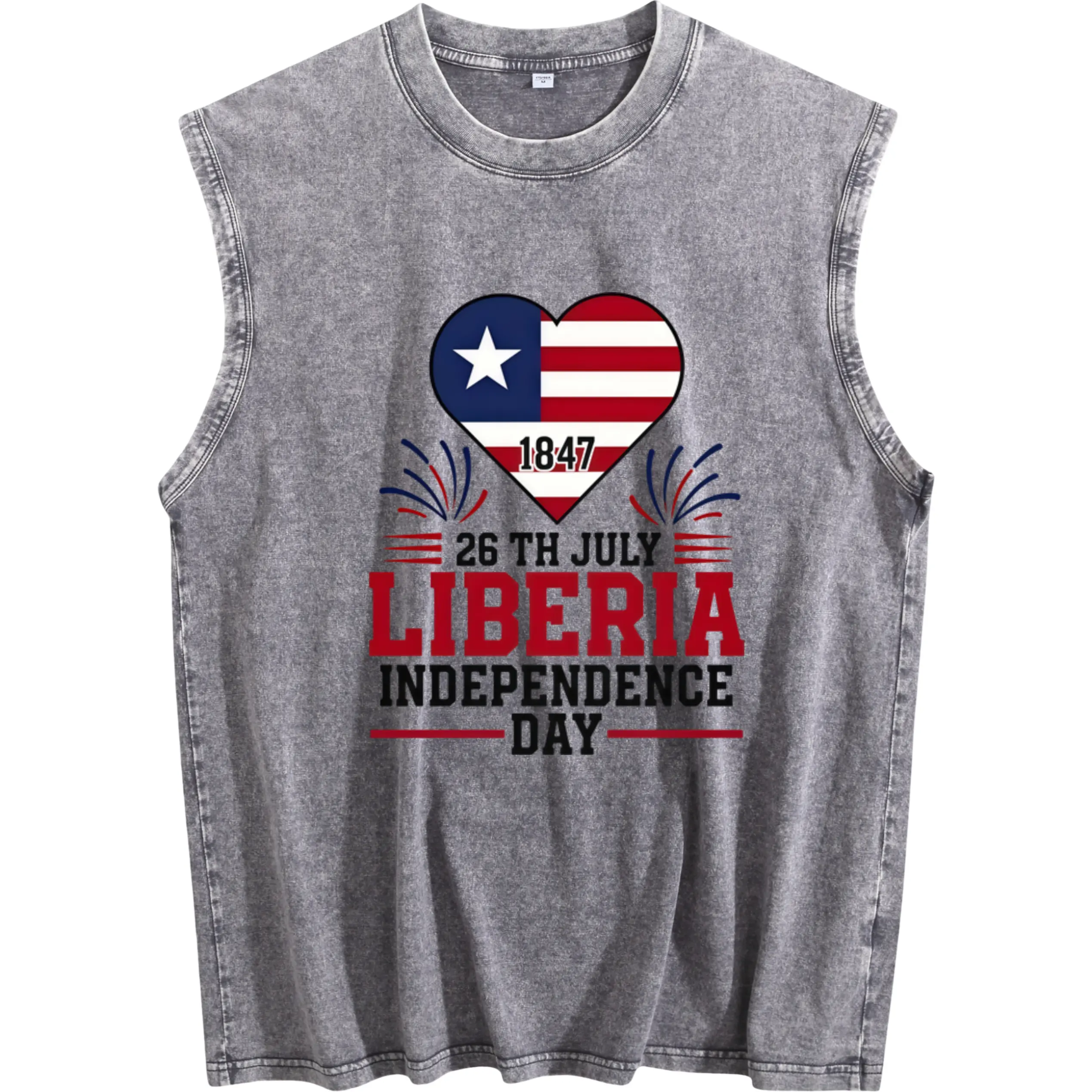 Retro Washed Sleeveless Vest Featuring Liberia’s Independence Day 1847 Design with Green, Red & Gold Flag – Unisex Cotton Casual and Cultural Apparel for Celebrations