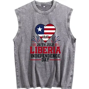 Retro Washed Sleeveless Vest Featuring Liberia’s Independence Day 1847 Design with Green, Red & Gold Flag – Unisex Cotton Casual and Cultural Apparel for Celebrations
