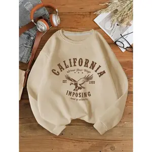 Eagle & Letter Graphic Print Round Neck Pullover, Fashion Women's Clothing, Warm Comfortable Fabric, Casual Loose Fit Long Sleeve