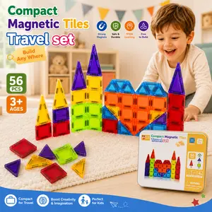 56 PCS Mini Magnetic Tiles – Travel Magnetic Tiles with Tin, Portable Magnet Building Blocks for Kids Ages 3–8, STEM Educational Construction Toys, Sensory Creativity Travel Toys, Birthday & Holiday Gifts for Boys & Girls