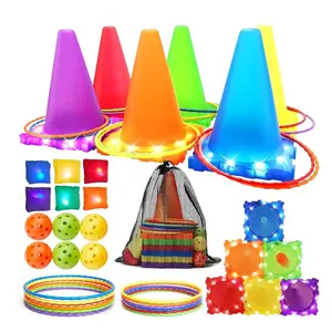 Glow-In-The-Dark Throwing Game Set, 3-In-1 Ring Sandbag Cone Game, Indoor Outdoor Fun Toy, Ages 3+, Includes Portable Net Bag
