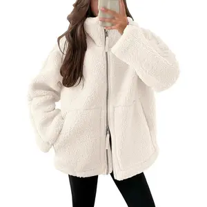 Womens Fleece Jacket Oversized Zip Up Sherpa Fuzzy Casual Coats Winter Fall Outerwear 2024 Clothes with Pockets