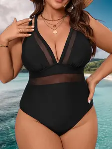【Plus Size】 Solid Color V Neck Criss Cross Swimsuit, Plus Casual Comfy Breathable Swimwear for Beach Holiday Vacation, Women's Plus Swimsuit for Summer