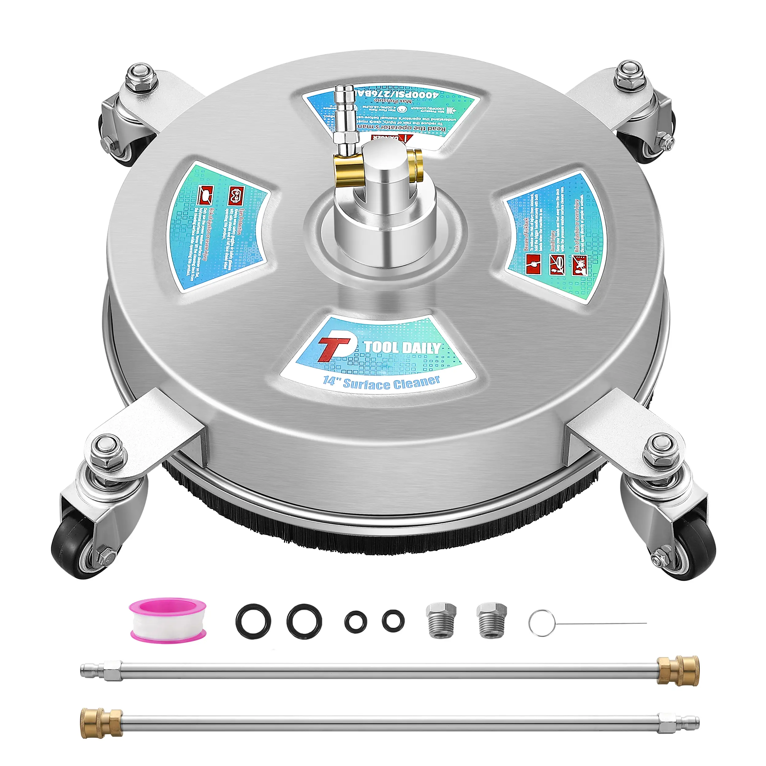 Tool Daily 14” Pressure Washer Surface Cleaner, Stainless Steel Driveway Power Washer Attachment with 4 Wheels, 2 Extension Wands, 4000 PSI
