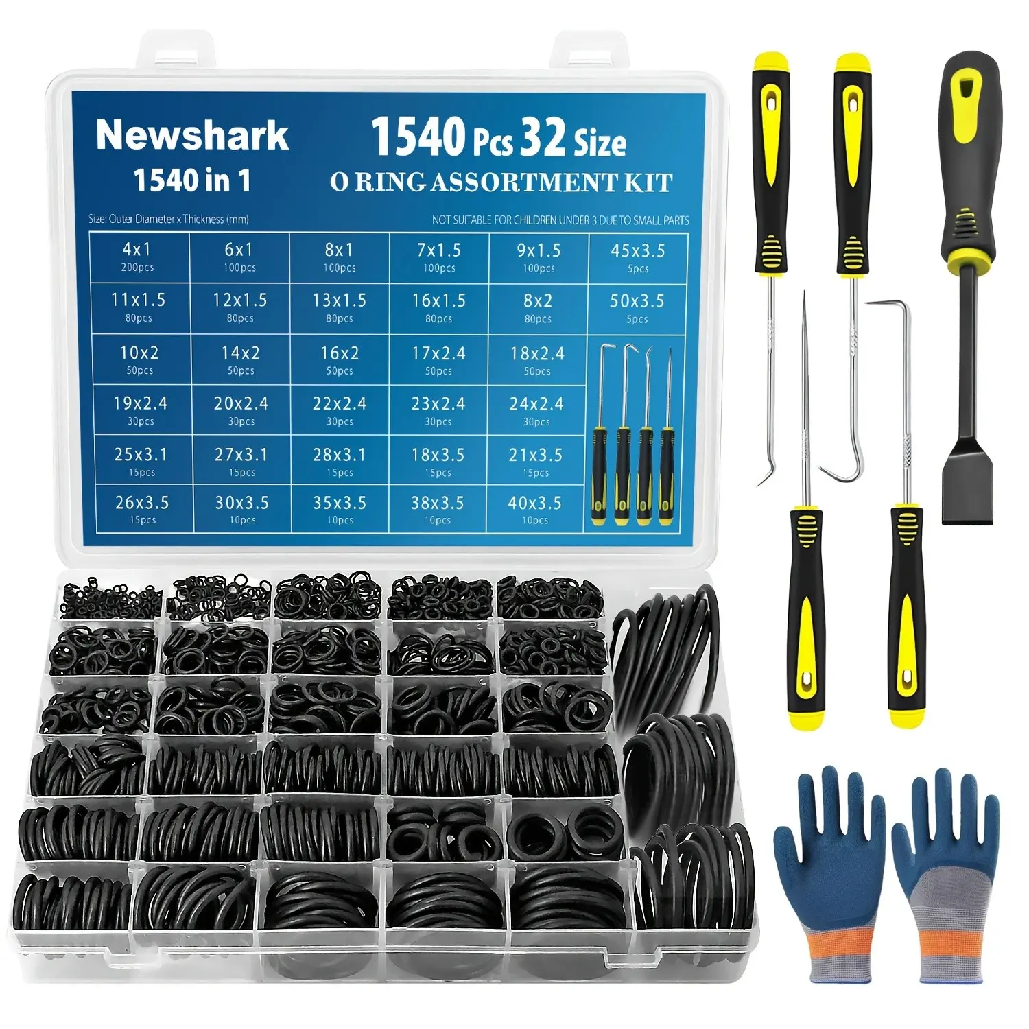 Nitrile Rubber O-Ring Heavy Duty Kit Set, Includes 4 Removal Tools, Ideal for Car Faucets, High-Pressure Washers, Pipes, Air or Gas Repair