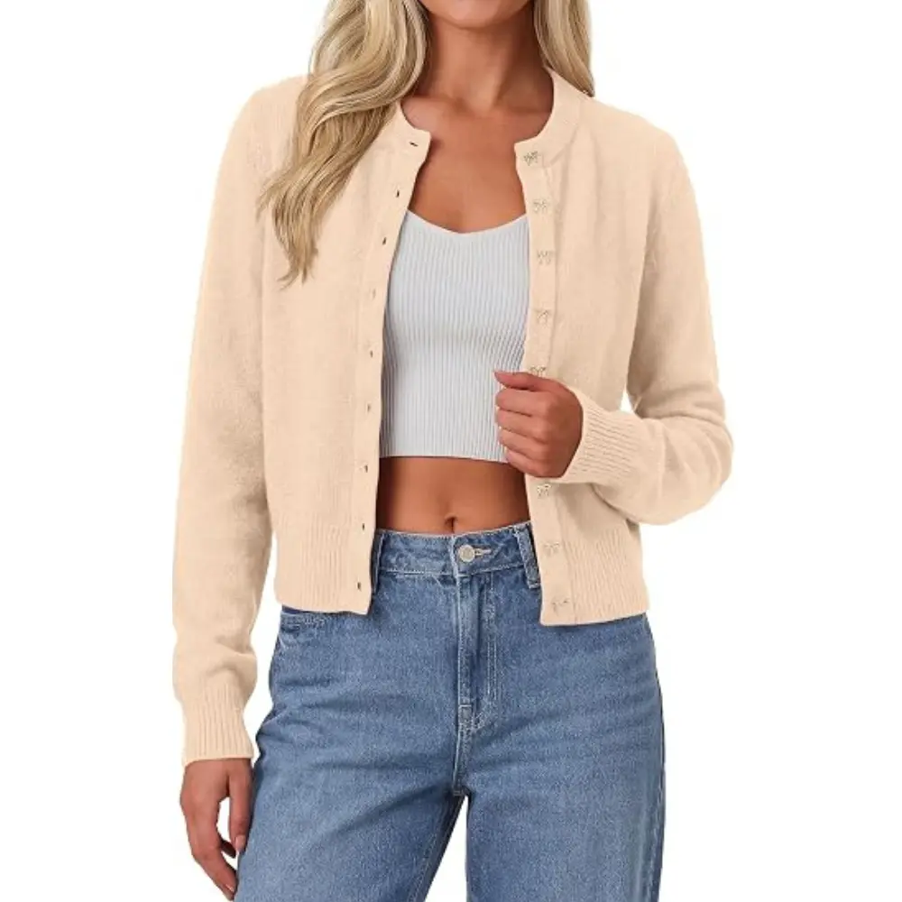 PRETTYGARDEN Womens Cropped Button Up Knit Cardigan Sweater | Cute Crewneck Long Sleeve Lightweight Tops, Fall Trendy Slim Fit Soft Cozy Casual Cardigans, Holiday Party Sweaters#SohoChic