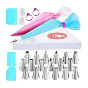Frosting Piping Bag 100pcs Disposable Piping Bags Set Cake Decorating Kit with 18 Tips 3 Scrapers 2 Couplers 2 Icing Bag Ties Baking Tools for Home Bakery Sets