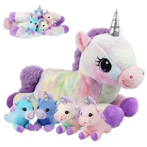 little tigers Unicorn Mommy Stuffed Animal with 4 Babies in Tummy, 5-in-1 Soft Unicorn Plush Toy Pillow, Stuffed Animal Gifts for Girls Kids Toddlers Birthday Christmas Easter