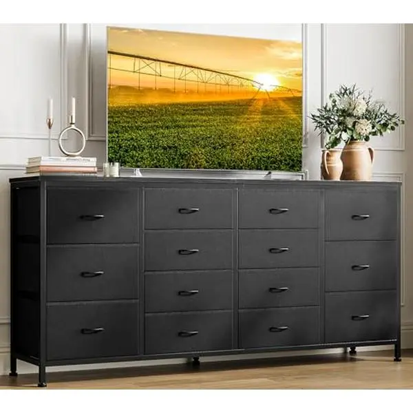 63" W Black Dresser TV Stand for 65 70 75 Inch TV, 14 Drawer for Bedroom with Power Outlets, Large Long Fabric Dresser Entertainment Center - TikTok Shop 63" W Black Dresser TV Stand for 65 70 75 Inch TV, 14 Drawer for Bedroom with Power Outlets, Large Long Fabric Dresser Entertainment Center - TikTok Shop