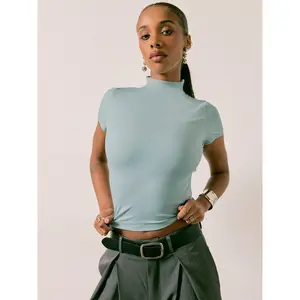 Cider [3 colors, size 2-10] High Stretch Double Layered Turtle Neck Solid Short Sleeve Top