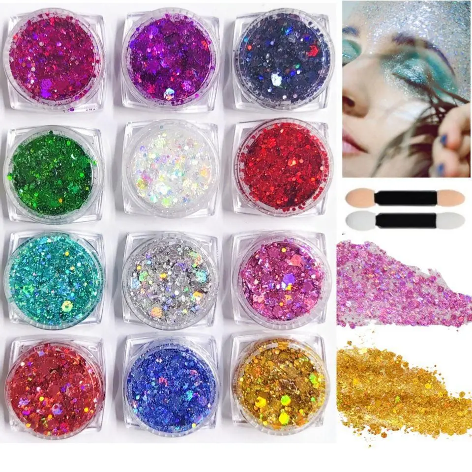 12 Color Glitter Gel, 12pcs Radiant Shimmer Face Makeup Glitter Gel Sequins, Shimmering Body Makeup for Festival, Party, Sparkly Glitter Cosmetic, Cosmetic Product for Women & Girls